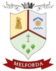 Long Melford Parish Council logo - a shield split into three parts with a sack, a sun and a cross with three trees. Underneath is a banner saying "Melforda"