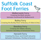 Foot Ferries small logo List of Suffolk Foot Ferries: crossing the Blyth estuary between Southwold and Walberswick; Butley Ferry across the Butley River; crossing the Deben estuary between Bawdsey and Felixstowe Ferry; and crossing the Stour and Orwell estuaries between Felixstowe, Shotley and Harwich
