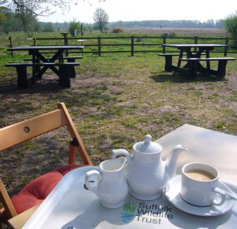 Redgrave and Lopham Fen Pot of tea set out on a table with picnic benches in the background
