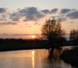 a golden and purple sunset reflected in the river at Flatford with trees silhouetted against the beautiful sky