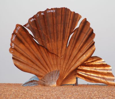 Image showing The Scallop statue by Maggi Hambling on Aldeburgh Beach