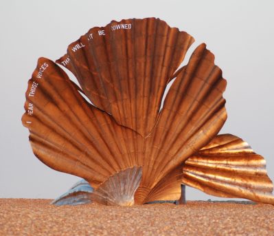 Image showing The Scallop statue by Maggi Hambling on Aldeburgh Beach Image showing The Scallop statue by Maggi Hambling on Aldeburgh Beach