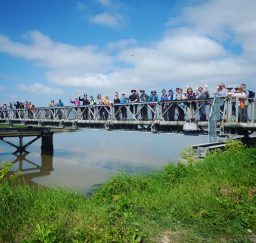 a large group of walkers spread out along the Bailey Bridge between Southwold and Walberswick on a sunny day
