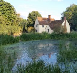 Willy Lotts Cottage at Flatford - a large white cottage with a red tiled roof surrounded by trees and overlooking a millpond edged with green reeds
