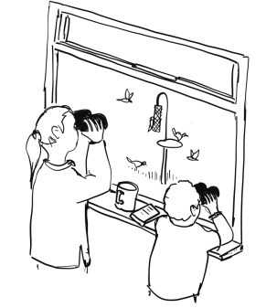cartoon adult and child bird watching out of a window