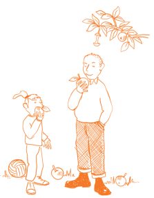 cartoon adult and child eating apples picked straight from the tree cartoon adult and child eating apples picked straight from the tree