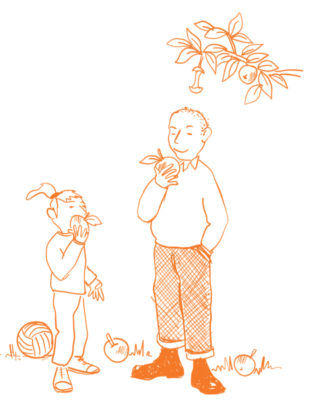 cartoon adult and child eating apples picked straight from the tree