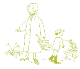 cartoon adult and child harvesting plants
