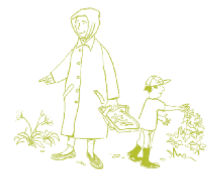 cartoon adult and child sewing plants cartoon adult and child harvesting plants