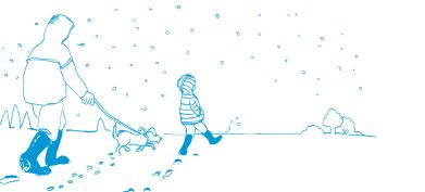 cartoon adult and child walking a dog in the snow