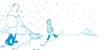 cartoon adult and child walking a dog in the snow cartoon adult and child walking a dog in the snow
