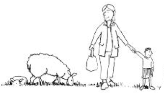 cartoon adult and child with a sheep