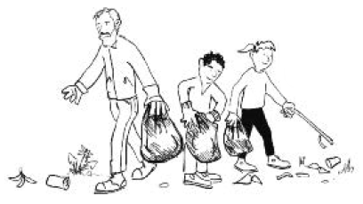 cartoon adult and kids picking up litter