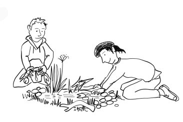cartoon children building a wildlife pond cartoon children building a wildlife pond
