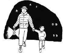 cartoon of an adult and a child taking a night time walk