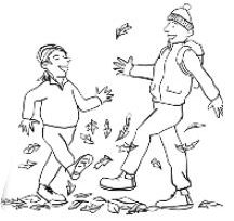 cartoon people kicking up fallen leaves cartoon people kicking up fallen leaves