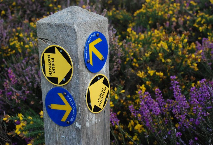 waymarkers at Dunwich Heath Suffolk Coast Path and public footpath waymarkers on wooden post in amongst gorse and heather